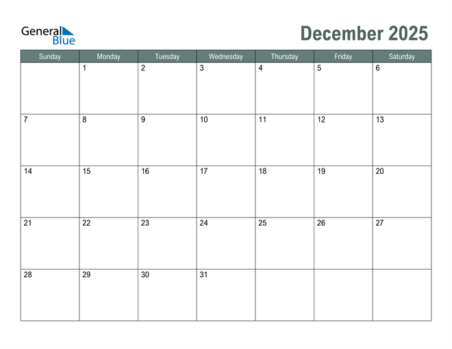 December 2025 Calendar Free Printable Pdf 