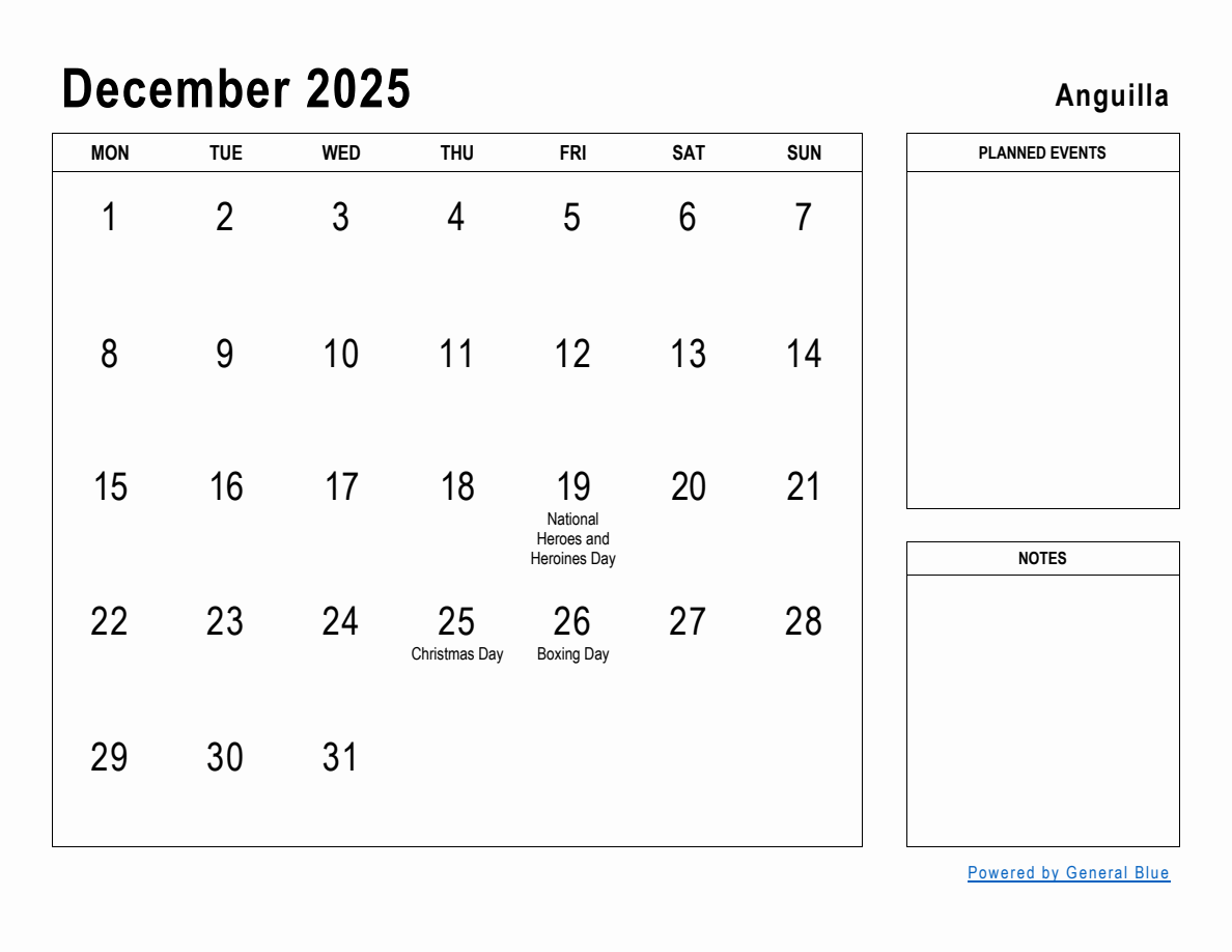 December 2025 Planner with Anguilla Holidays