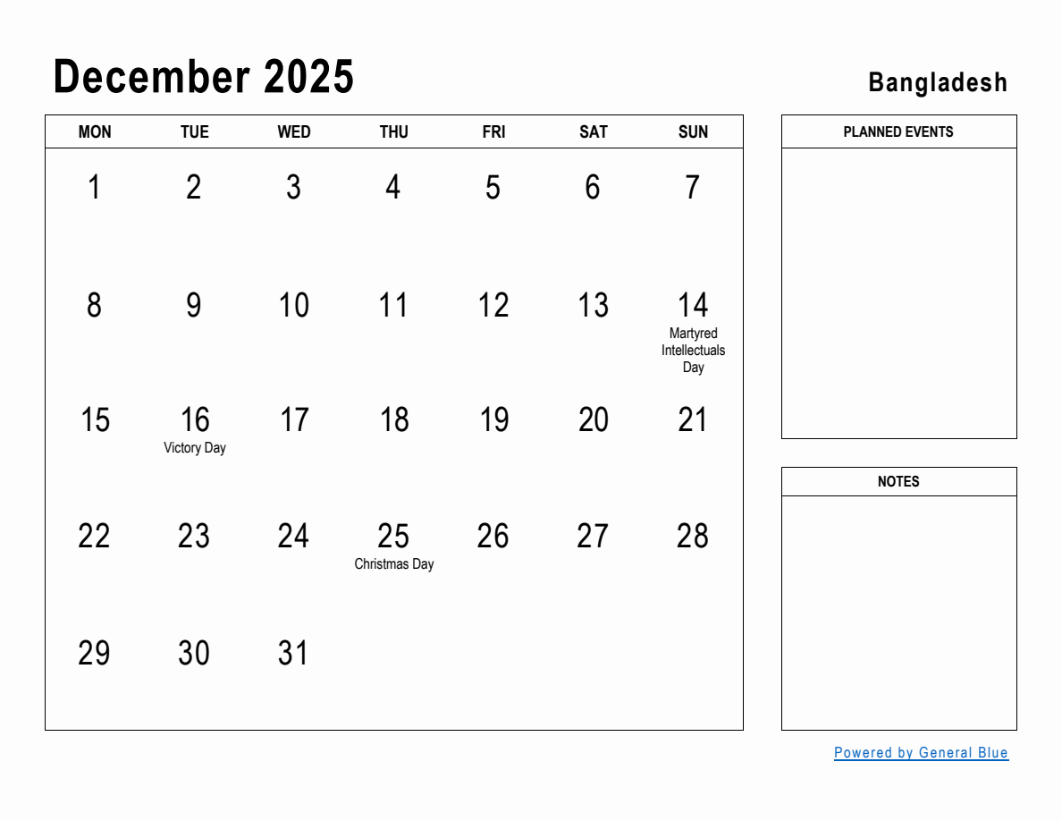 December 2025 Planner with Bangladesh Holidays