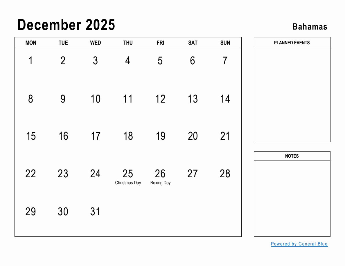 December 2025 Planner with Bahamas Holidays