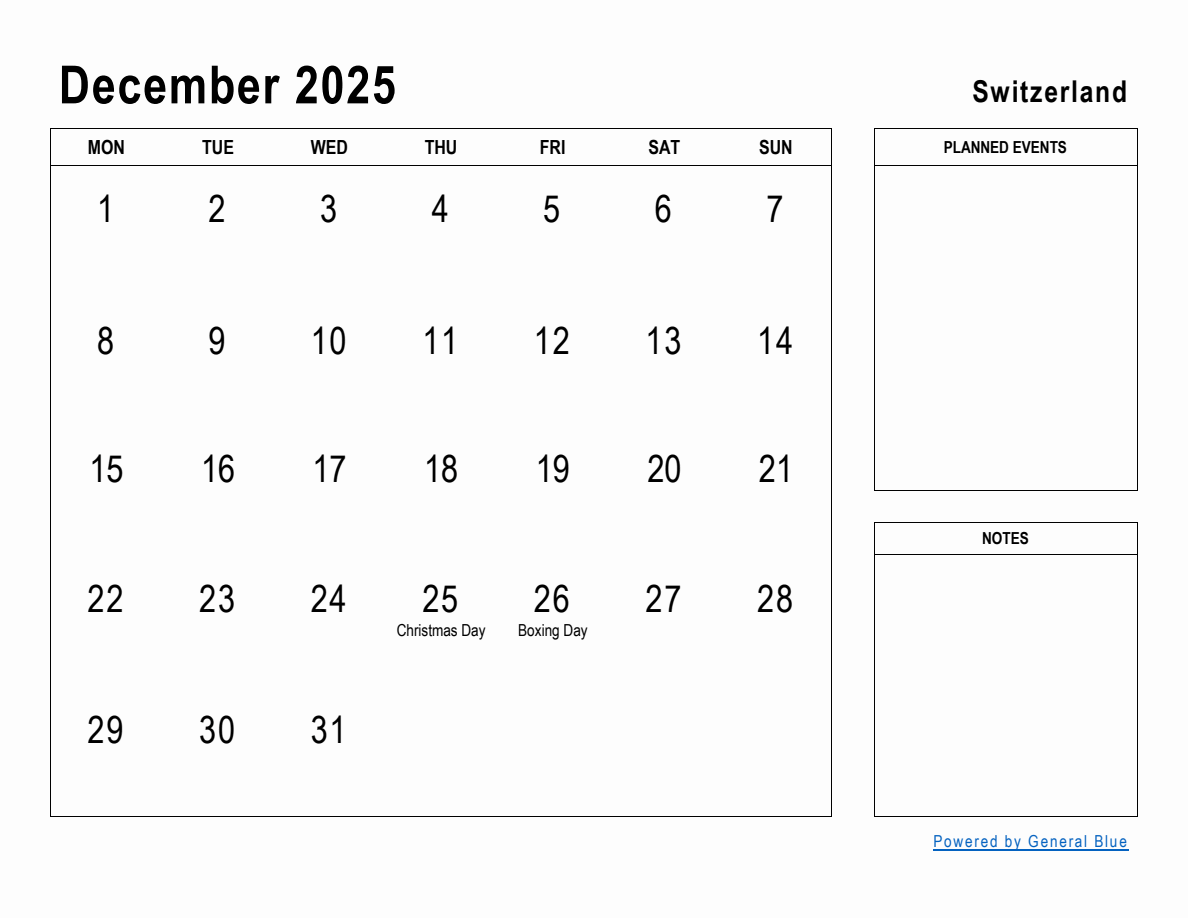 December 2025 Planner with Switzerland Holidays