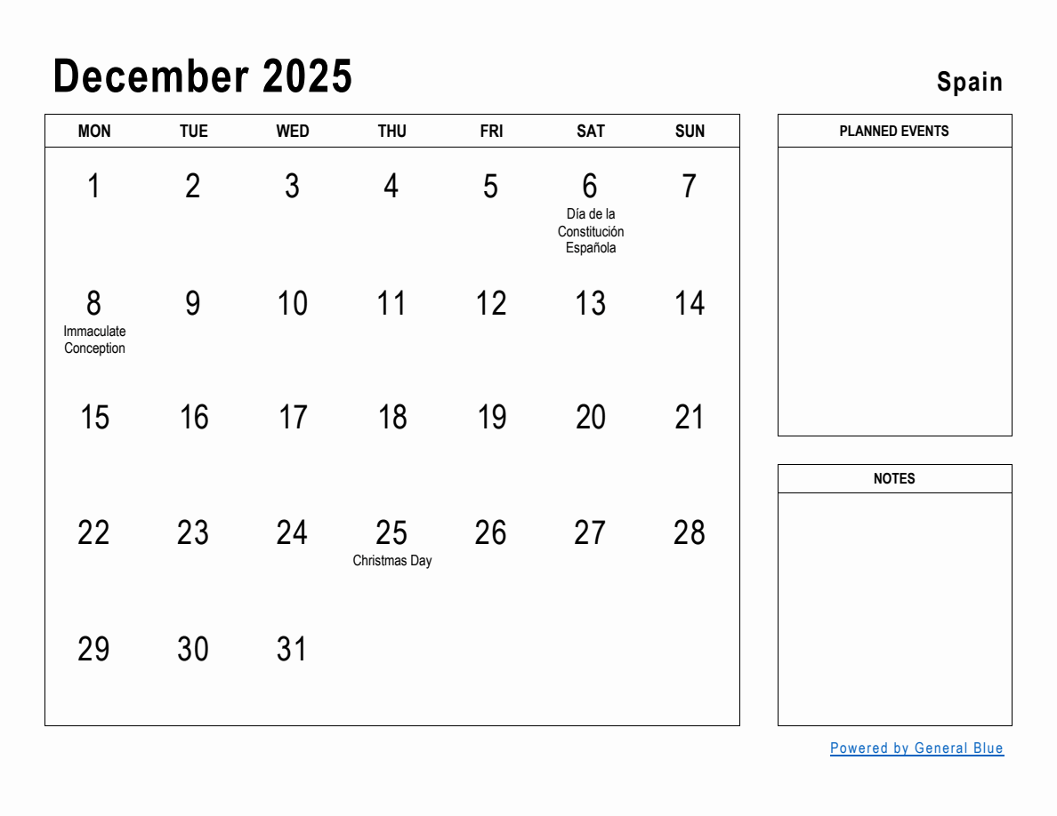 December 2025 Planner with Spain Holidays