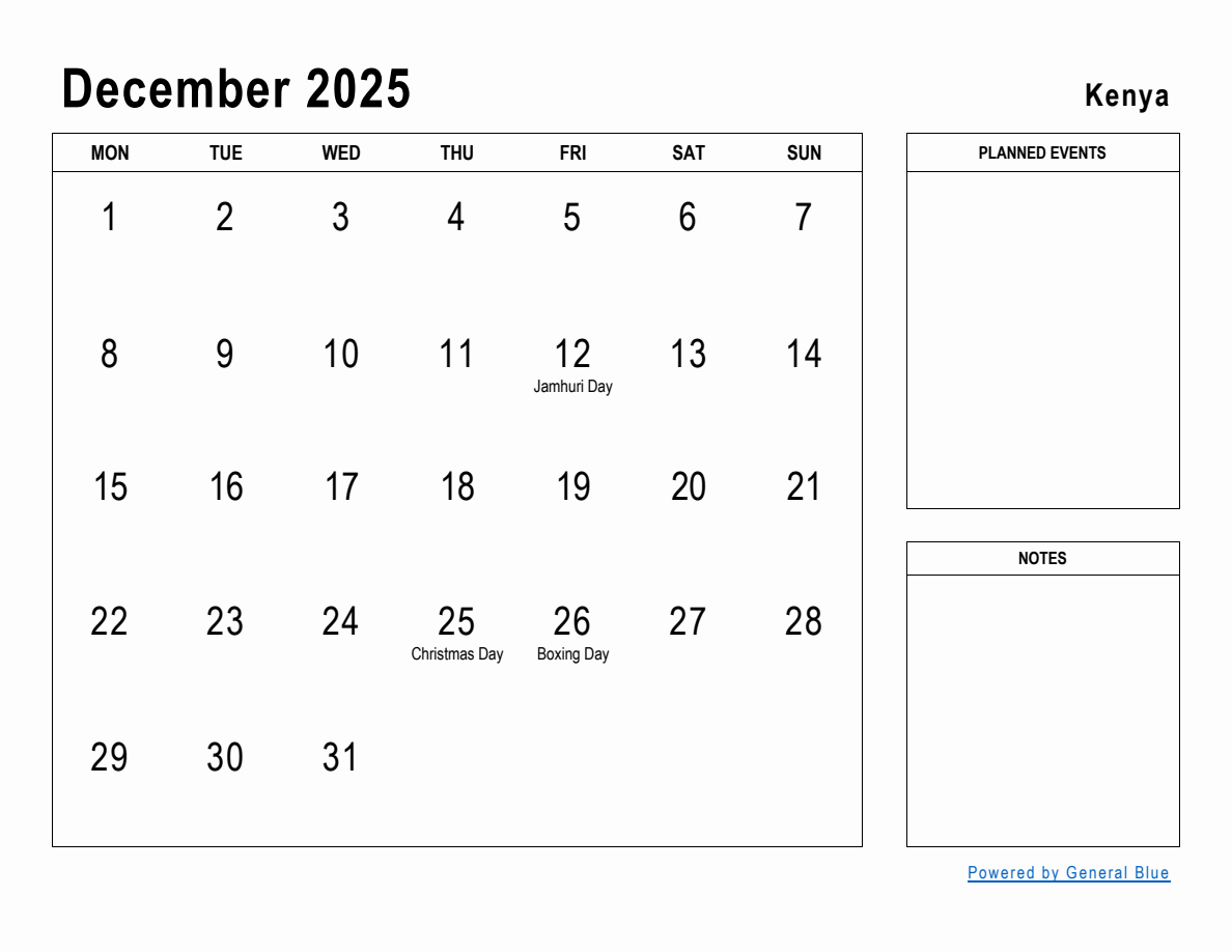 December 2025 Planner with Kenya Holidays