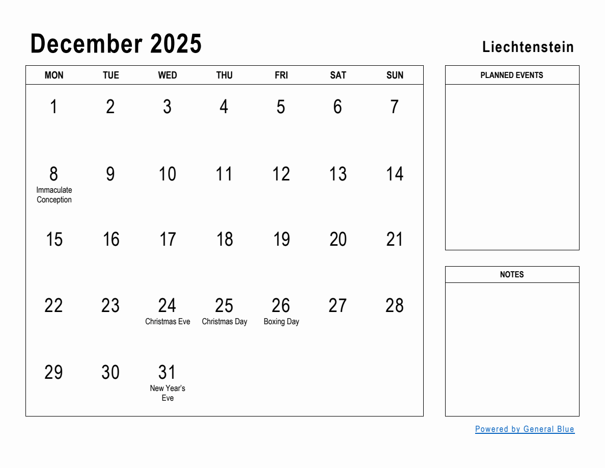 December 2025 Planner with Liechtenstein Holidays