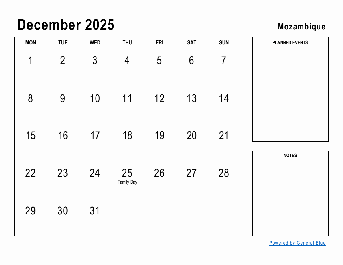 December 2025 Planner with Mozambique Holidays