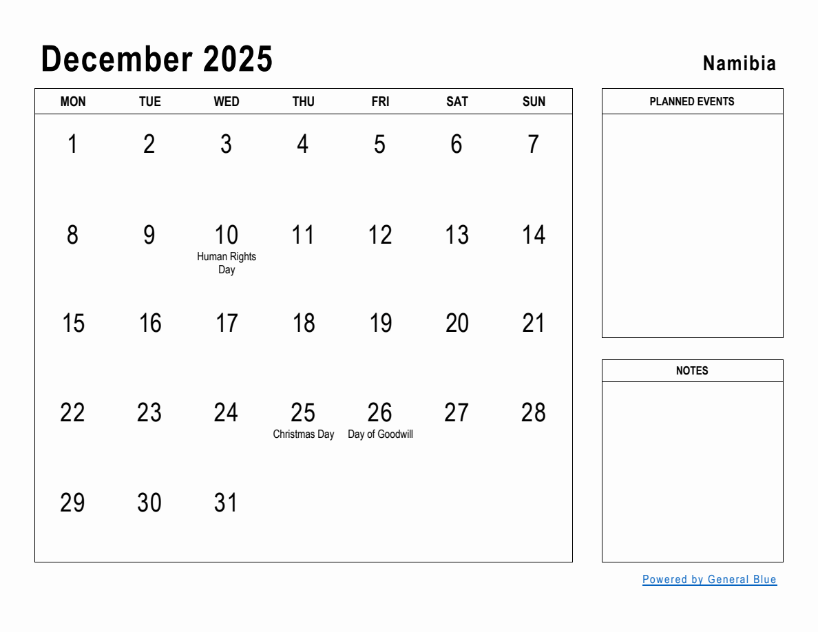 December 2025 Planner with Namibia Holidays