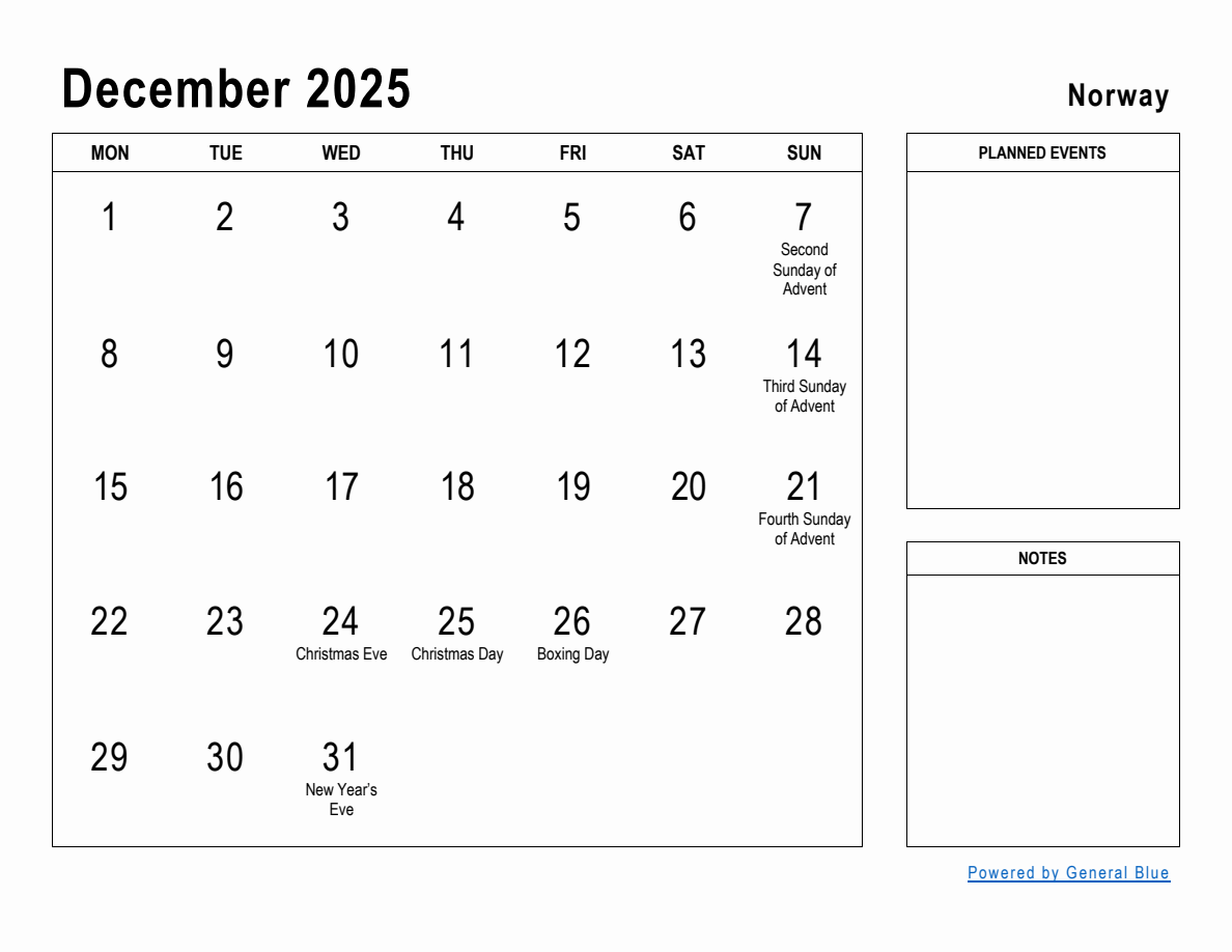 December 2025 Planner with Norway Holidays