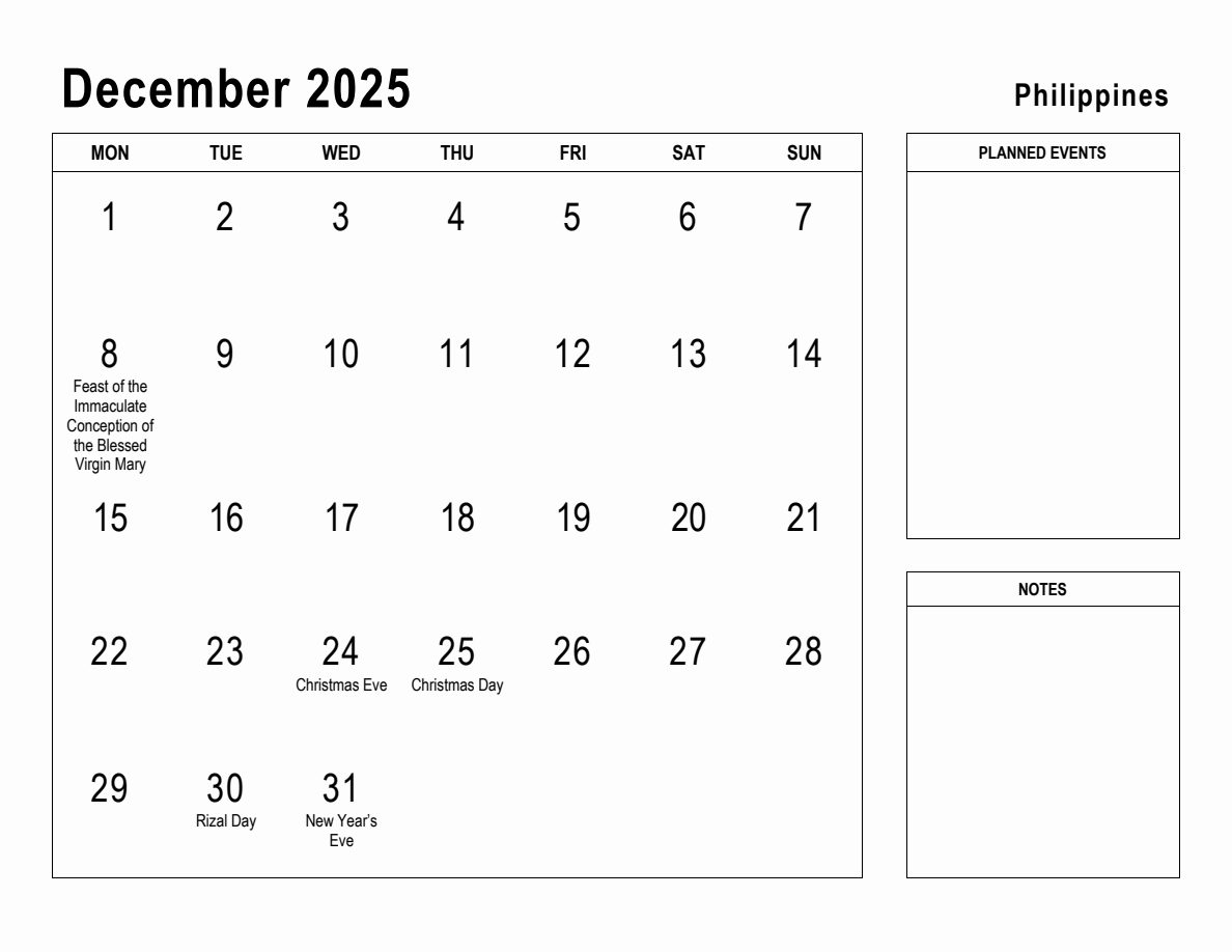 December 2025 Planner with Philippines Holidays