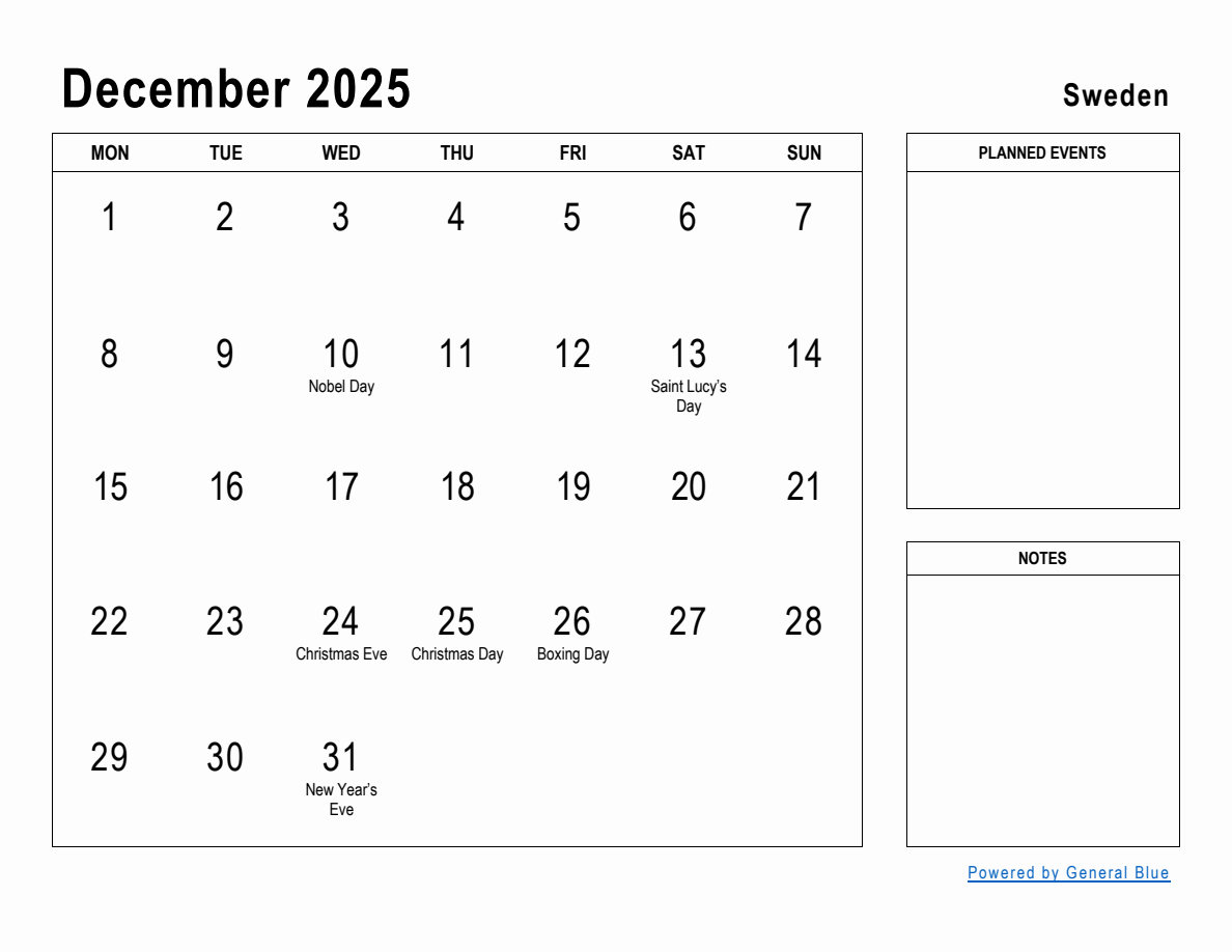 December 2025 Planner with Sweden Holidays