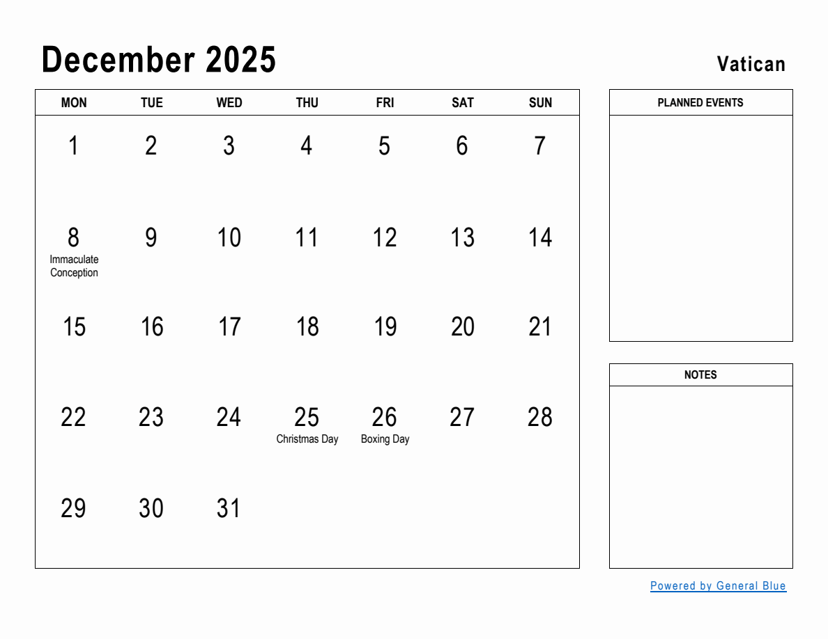 December 2025 Planner with Vatican Holidays