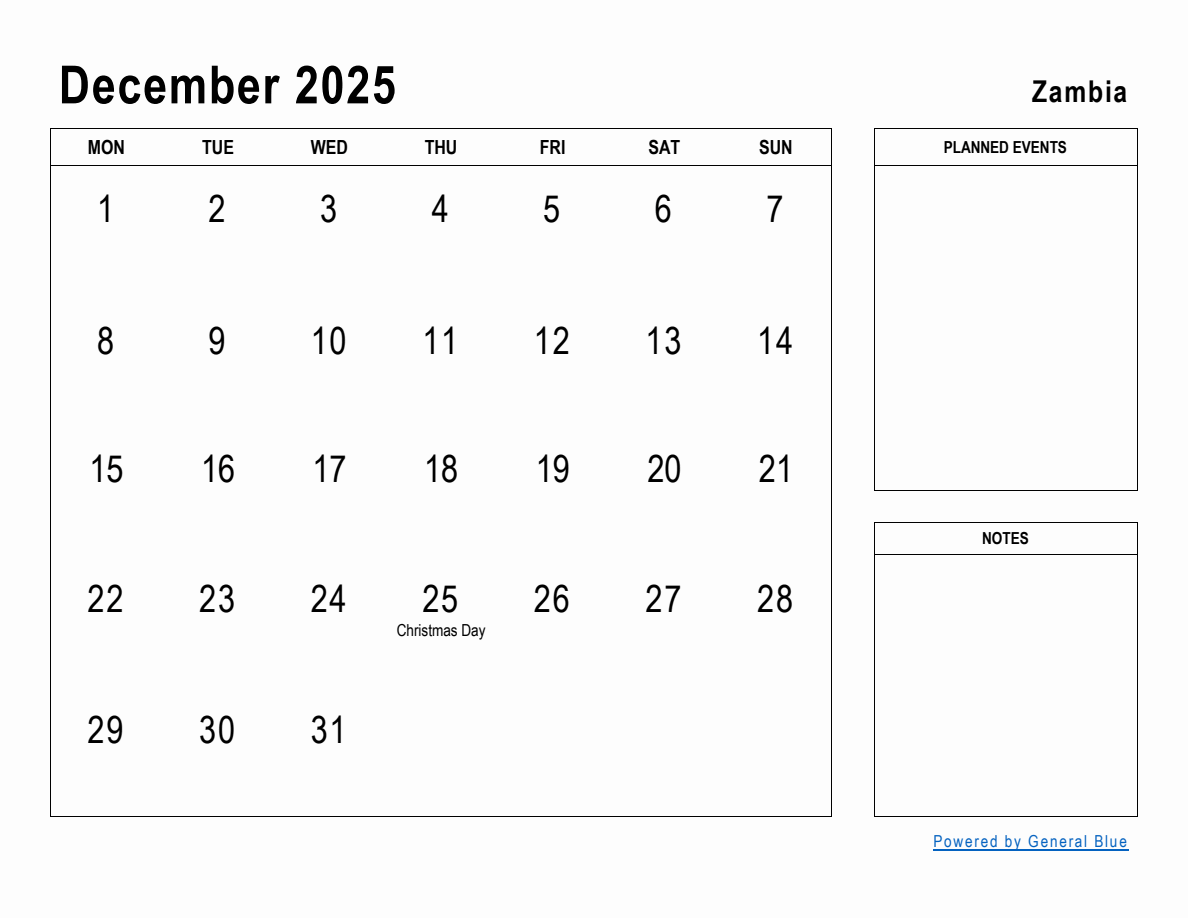 December 2025 Planner with Zambia Holidays