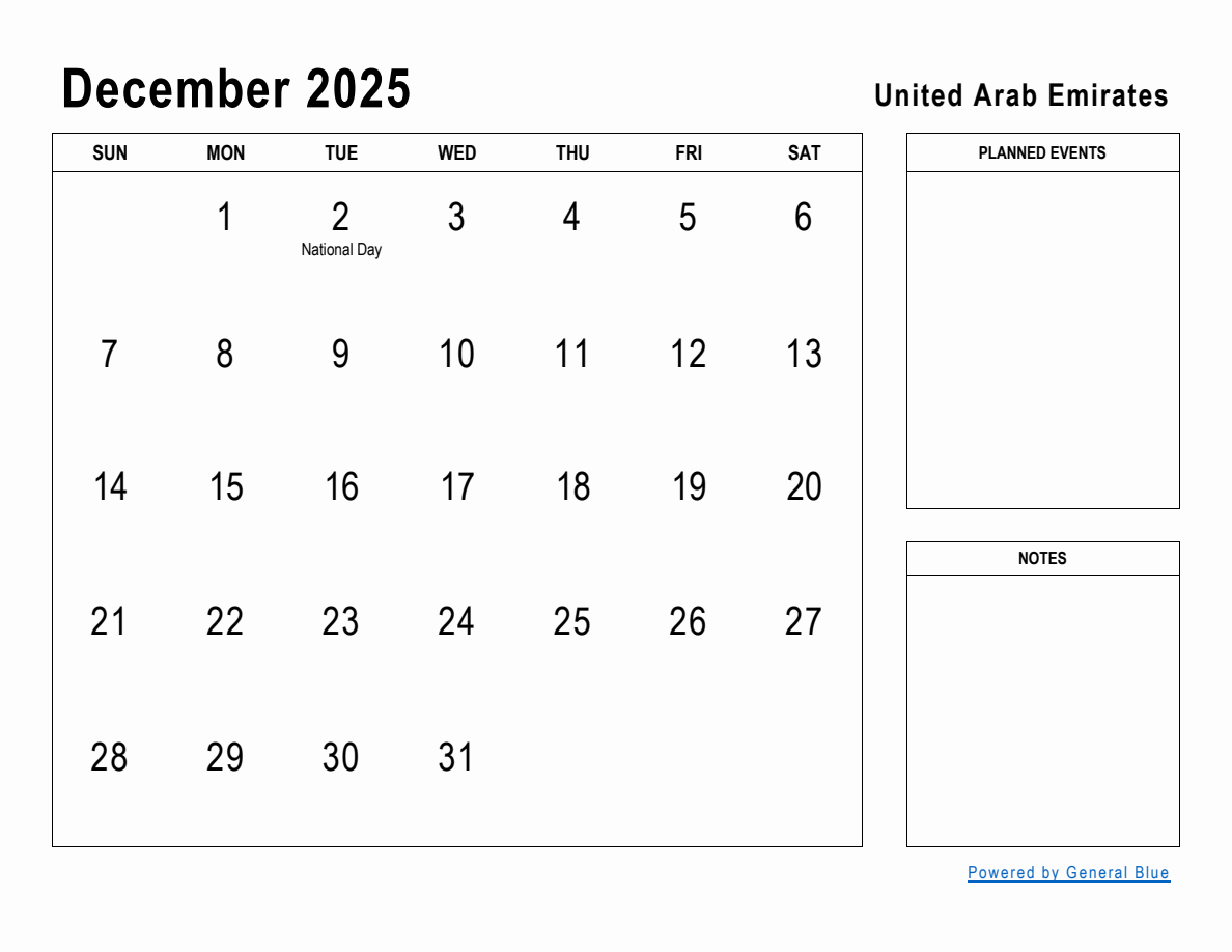 December 2025 Planner with United Arab Emirates Holidays