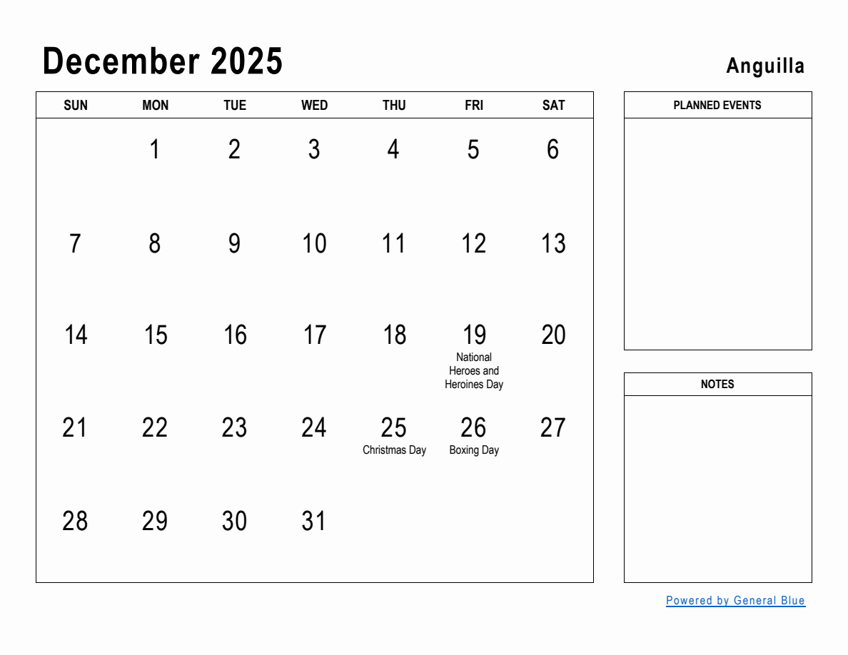 December 2025 Planner with Anguilla Holidays