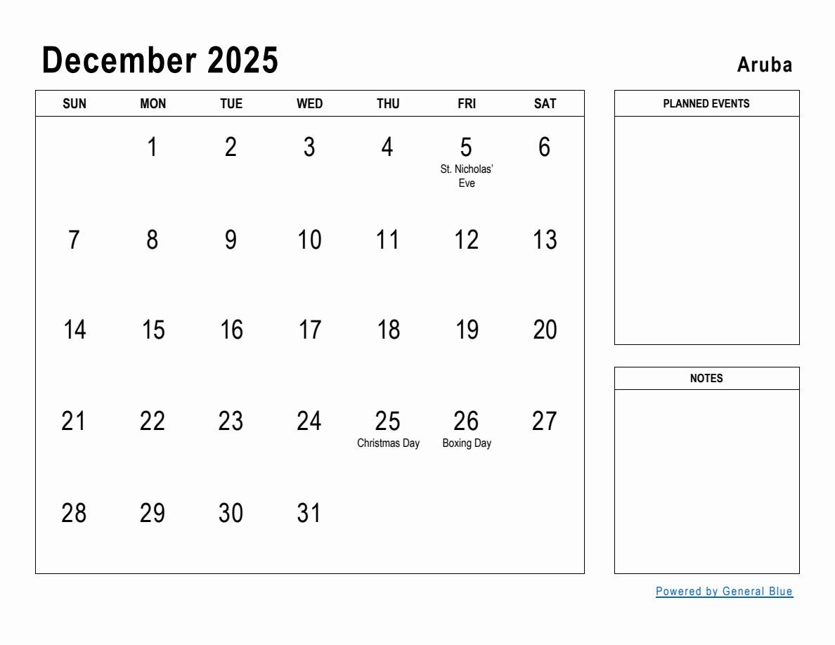 December 2025 Planner with Aruba Holidays