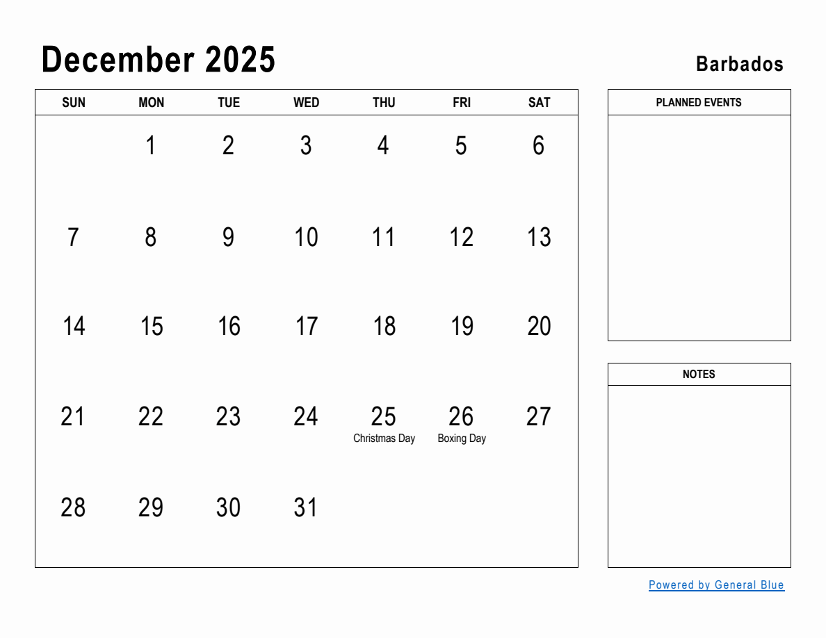 December 2025 Planner with Barbados Holidays