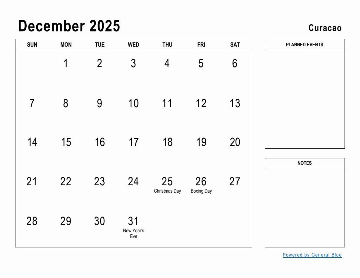 December 2025 Planner with Curacao Holidays