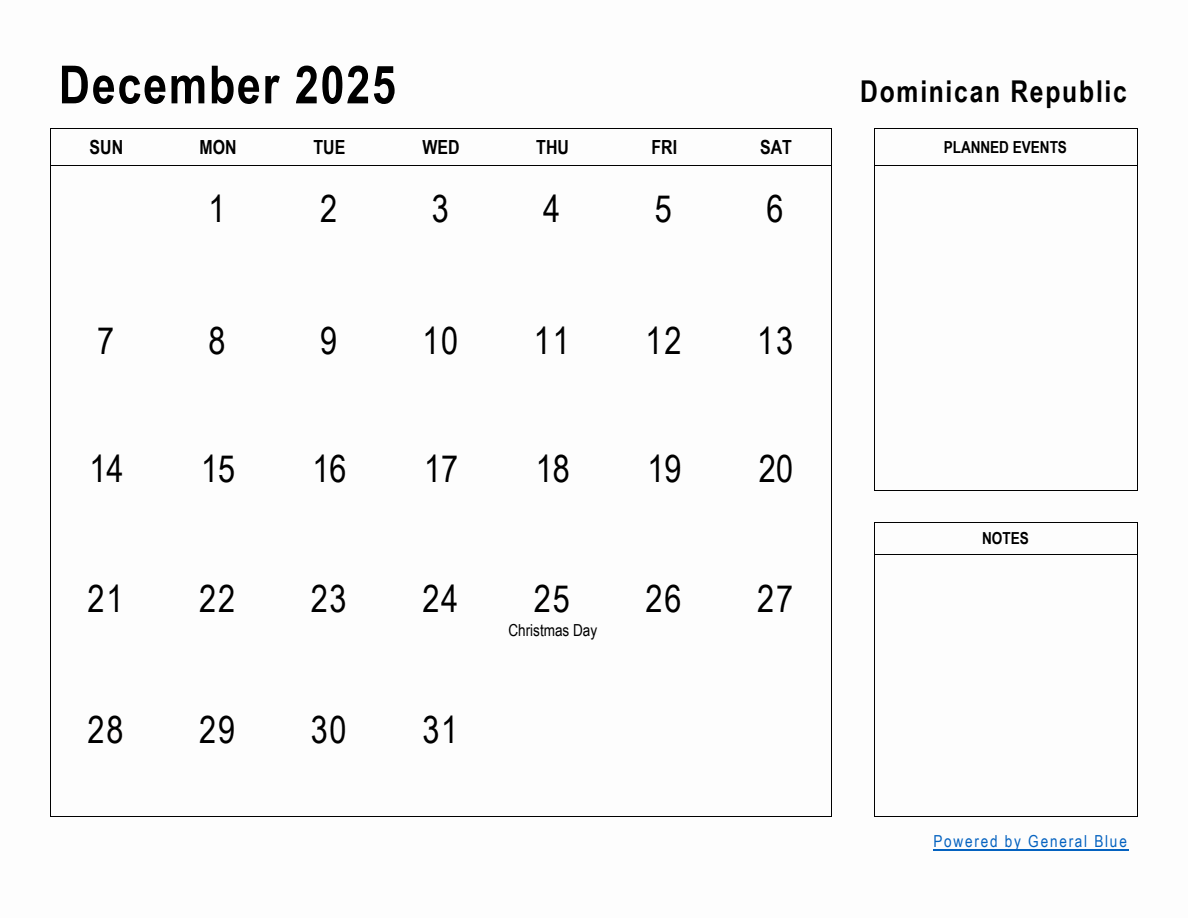 December 2025 Planner with Dominican Republic Holidays