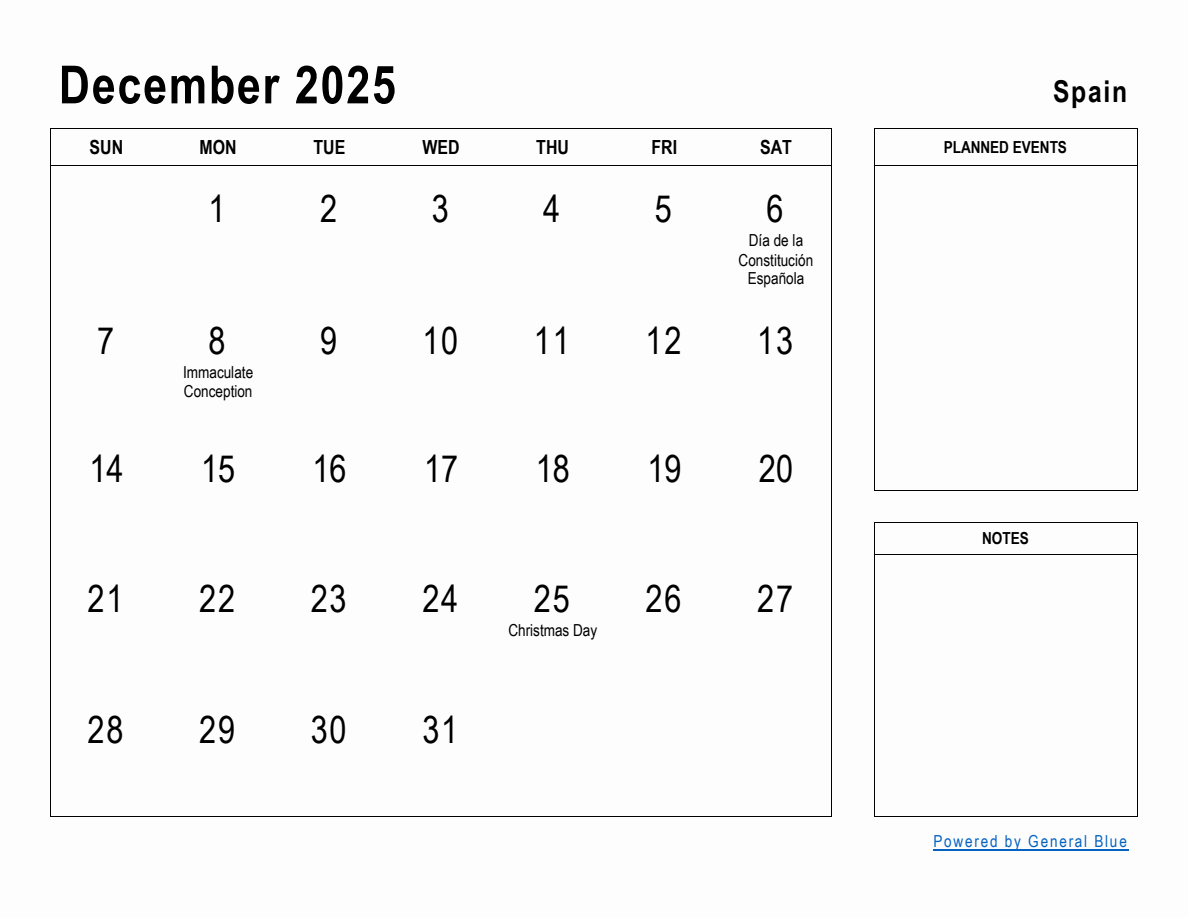 December 2025 Planner with Spain Holidays