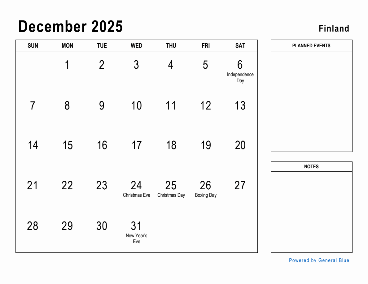 December 2025 Planner with Finland Holidays