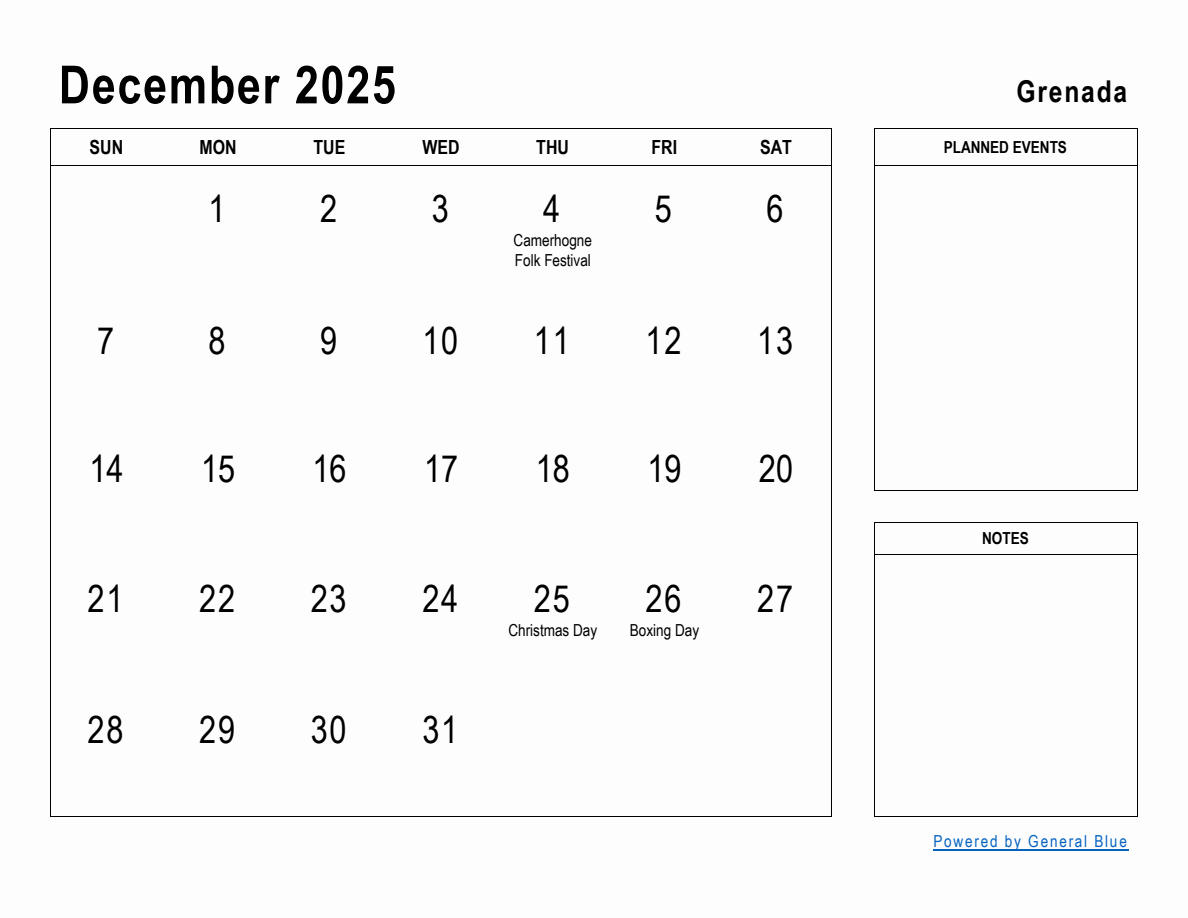 December 2025 Planner with Grenada Holidays