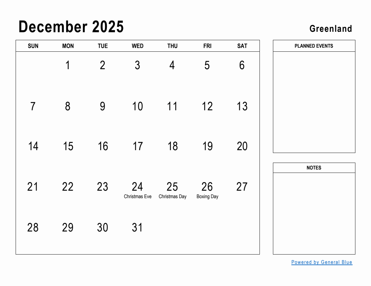 December 2025 Planner with Greenland Holidays