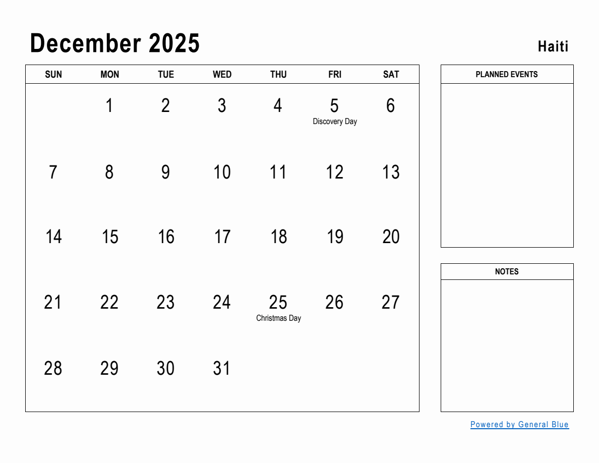 December 2025 Planner with Haiti Holidays