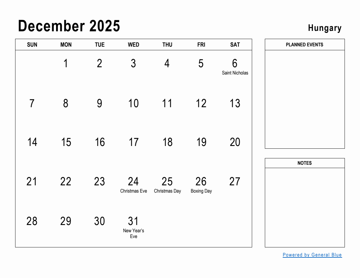 December 2025 Planner with Hungary Holidays