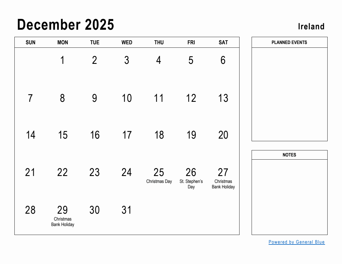December 2025 Planner with Ireland Holidays
