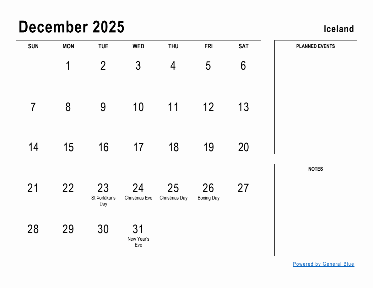 December 2025 Planner with Iceland Holidays