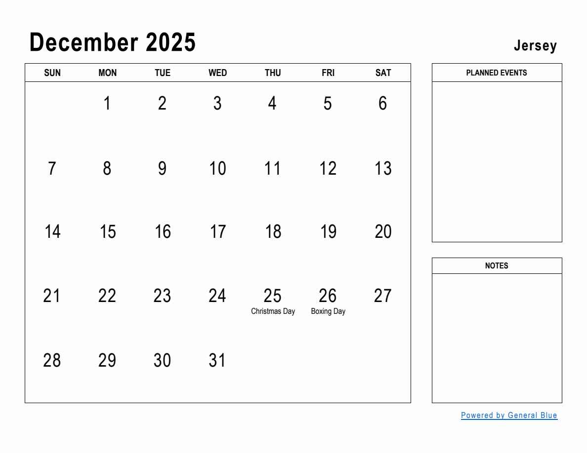 December 2025 Planner with Jersey Holidays