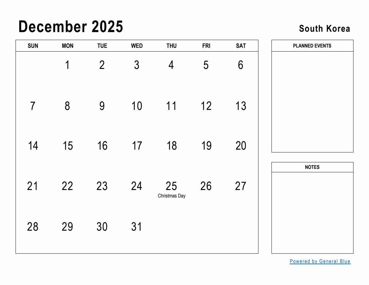 December 2025 Planner with South Korea Holidays