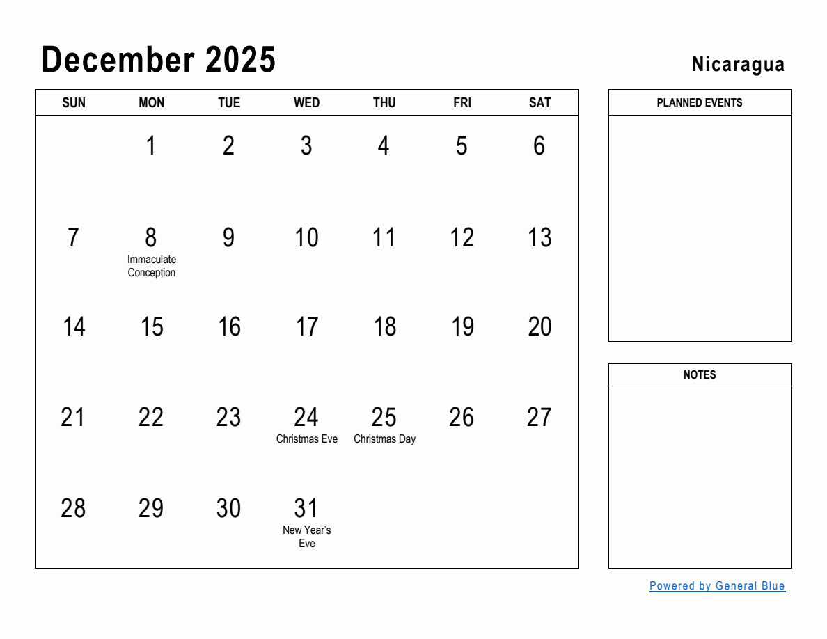 December 2025 Planner with Nicaragua Holidays