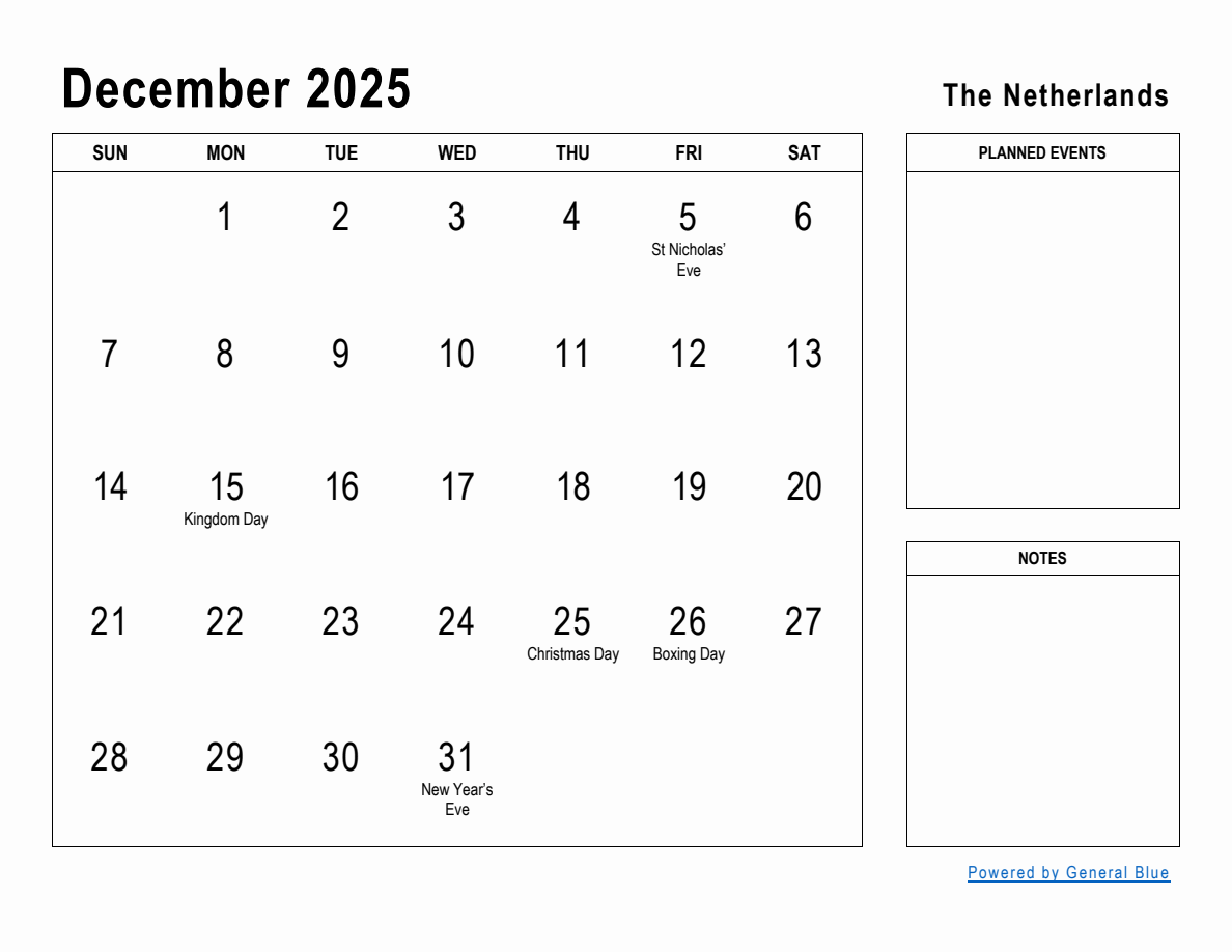 December 2025 Planner with Netherlands Holidays