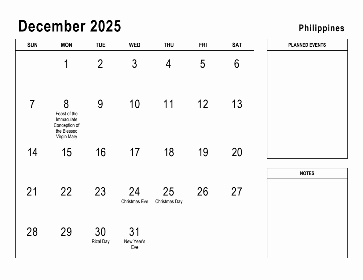 December 2025 Planner with Philippines Holidays