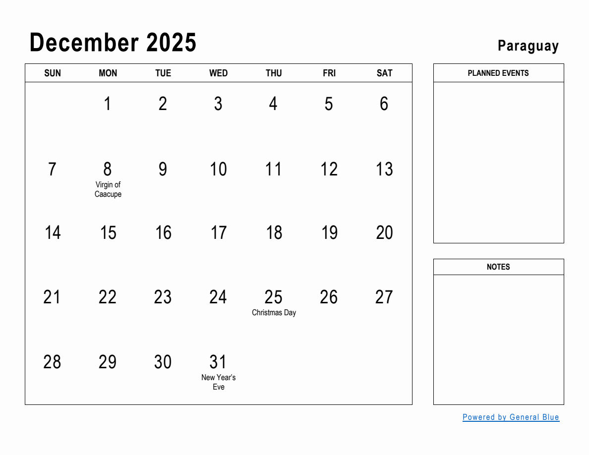 December 2025 Planner with Paraguay Holidays