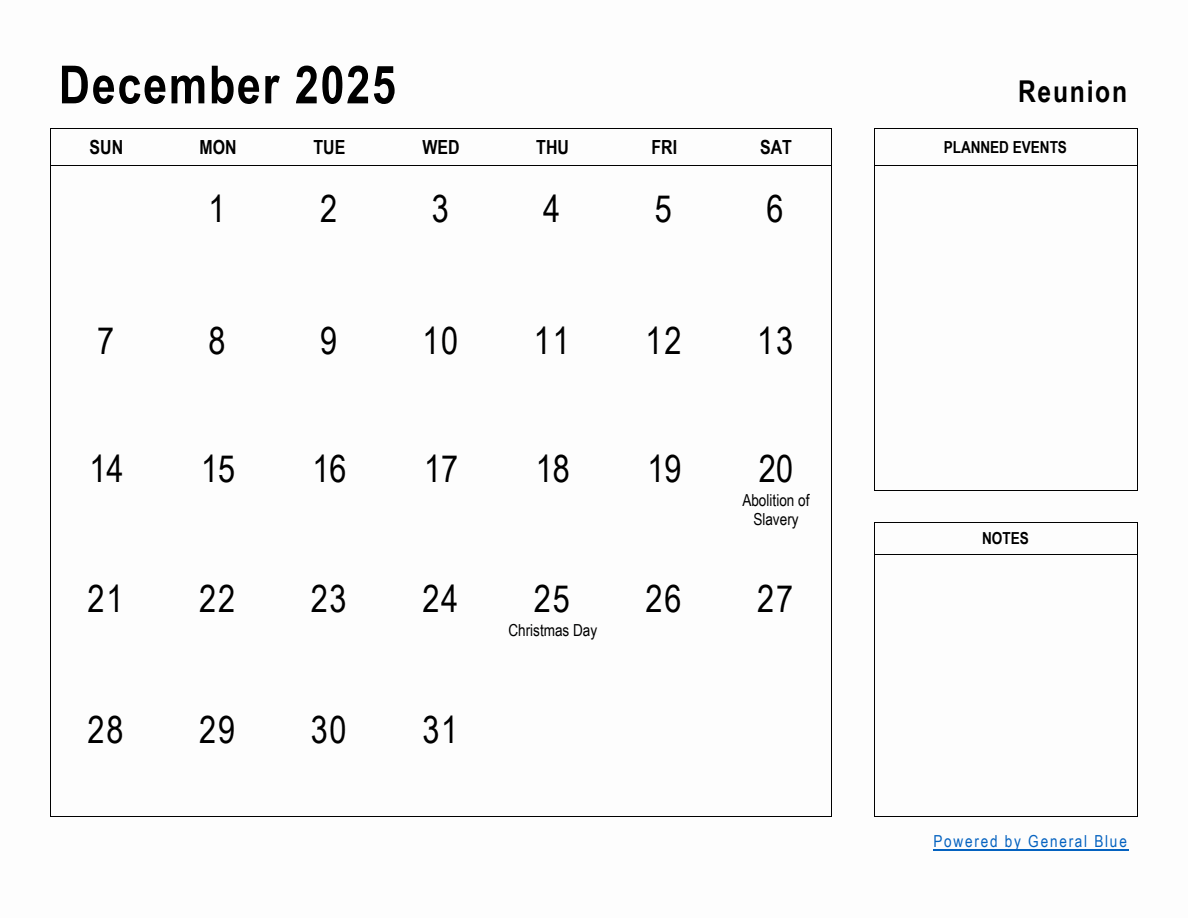 December 2025 Planner with Reunion Holidays