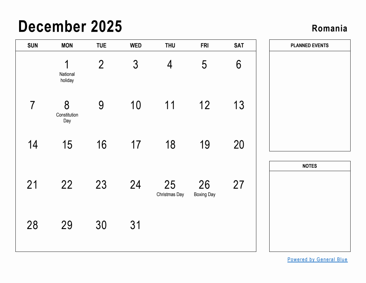 December 2025 Planner with Romania Holidays