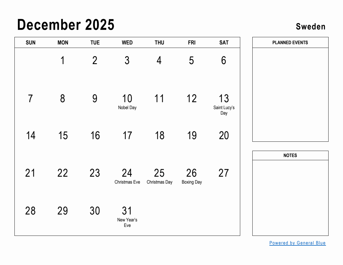 December 2025 Planner with Sweden Holidays