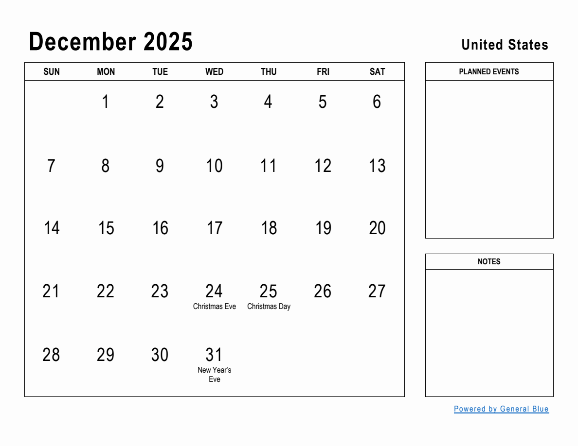 December 2025 Planner with United States Holidays