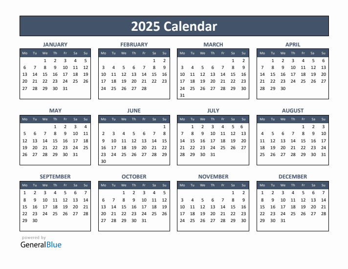 Basic Annual Calendar for Year 2025