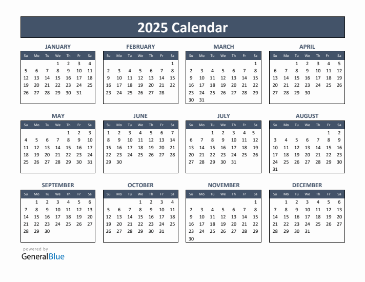 Basic Annual Calendar for Year 2025