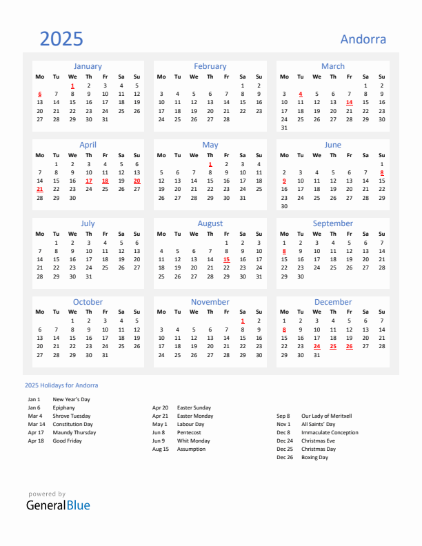 Basic Yearly Calendar with Holidays in Andorra for 2025 