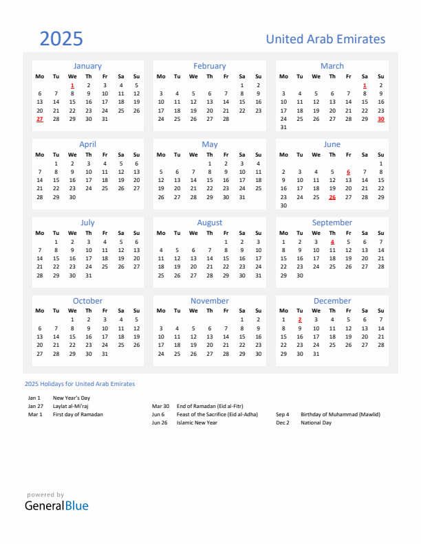 Basic Yearly Calendar with Holidays in United Arab Emirates for 2025 
