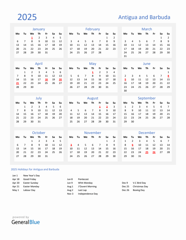 Basic Yearly Calendar with Holidays in Antigua and Barbuda for 2025 