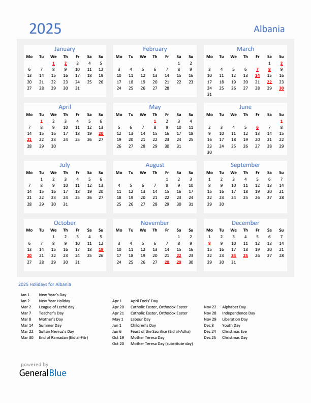 Basic Yearly Calendar with Holidays in Albania for 2025 