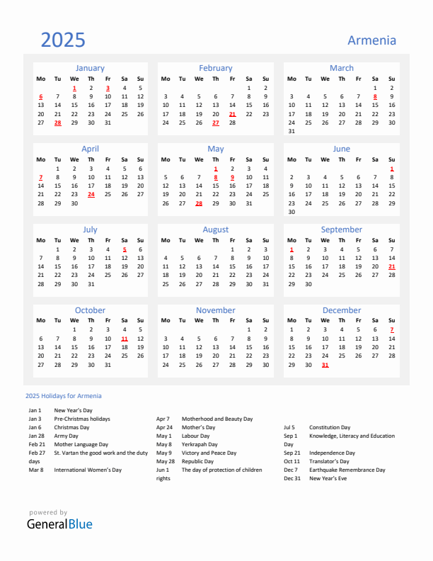 Basic Yearly Calendar with Holidays in Armenia for 2025 
