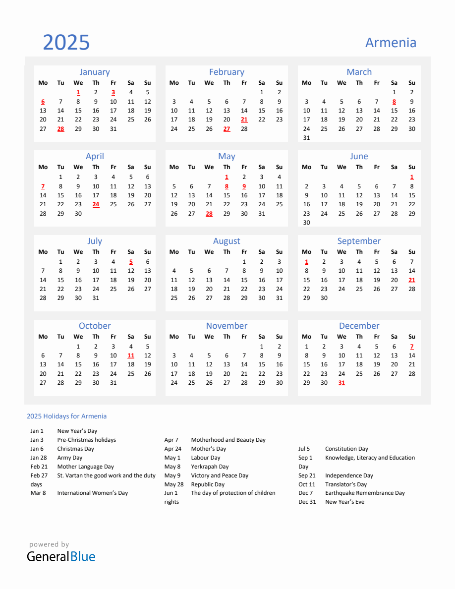 Basic Yearly Calendar with Holidays in Armenia for 2025