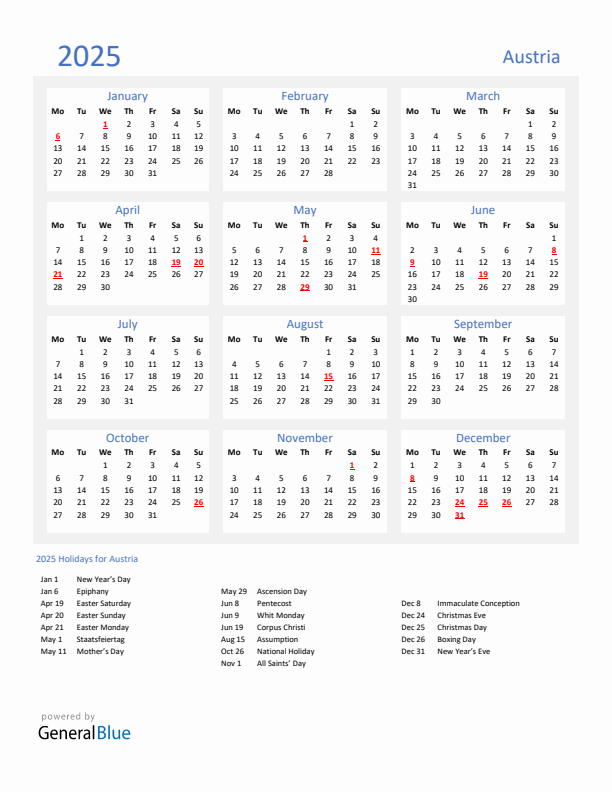 Basic Yearly Calendar with Holidays in Austria for 2025 