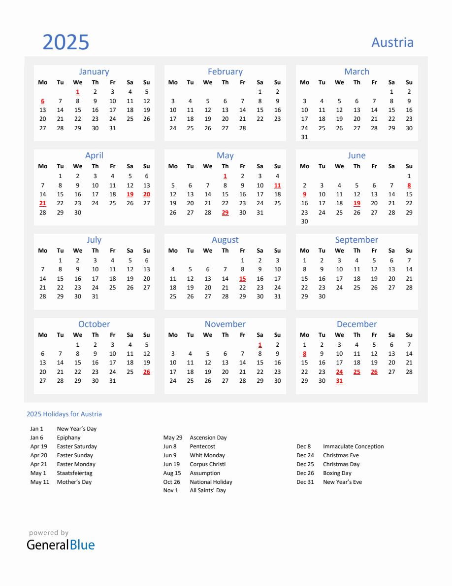 Basic Yearly Calendar with Holidays in Austria for 2025