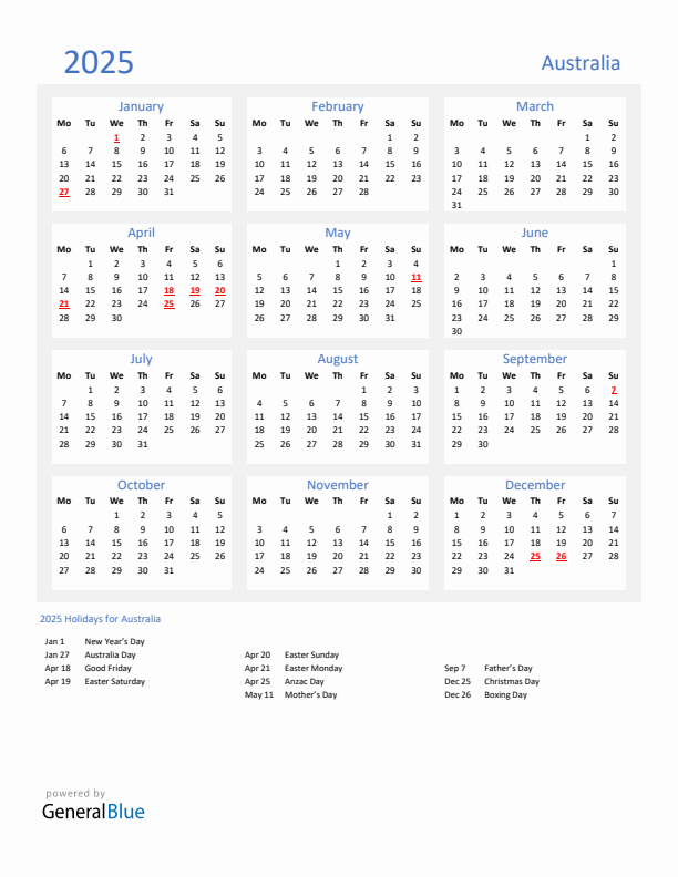 Basic Yearly Calendar with Holidays in Australia for 2025